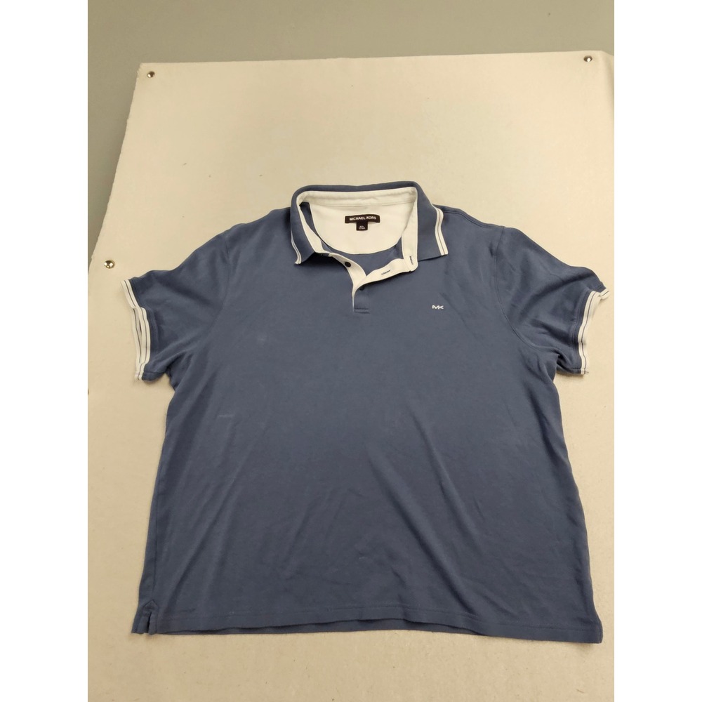 Michael Kors‎ Mens XXL Blue Short Sleeve Polo Shirt White Trim Striped Collar
